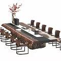 Modern Wooden Dining Table Set With Brown Metal Frame Chairs and Red Flower Vase Decorations