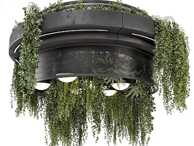 Modern Chandelier with Black Circular Frame and Hanging Green Plants Illuminating Interior Spaces 3d model