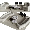 Curved Light Colored Sofa Set With Marble Coffee Tables And Black Chairs 3d model