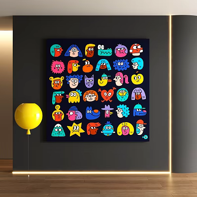 Colorful Cartoonish Abstract Painting On Black Background With Little Monsters Faces Stars And Yellow Balloon 3d model