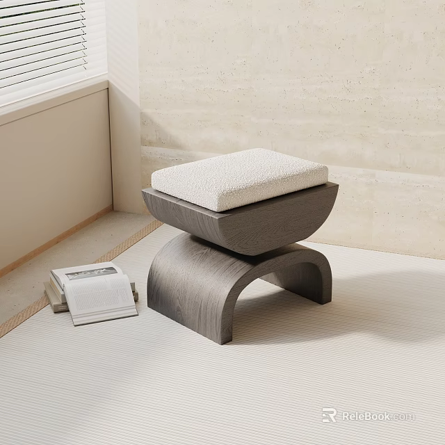Modern Gray Wooden Stool With Curved Base White Cushion And Books Near Window With Natural Light 3d model 