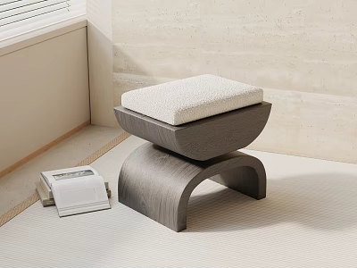 Modern Gray Wooden Stool With Curved Base White Cushion And Books Near Window With Natural Light 3d model