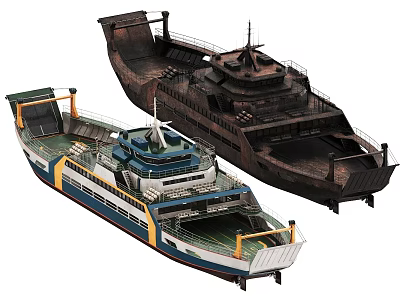 Modern And Rusty Old Ships Side By Side With Different Designs 3d model