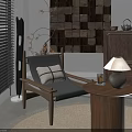 Natural Wooden Decorative Cabinet In Modern Living Room With Chair Table Lamp And Rug