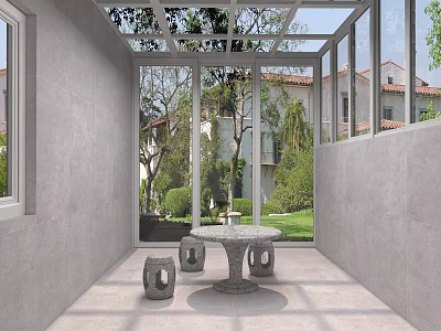 Villa Balcony with Glass Roof Stone Table Stools and Outdoor Green Landscape 3d model