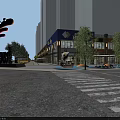 Commercial Street Evening Scene With Illuminated Shops Pedestrians Decorative Trees And Tall Buildings
