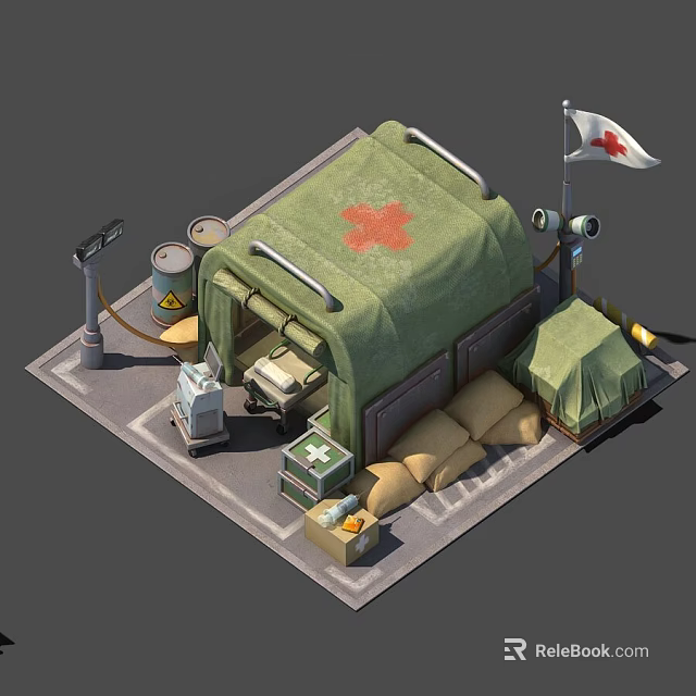 Cartoon Medical Tent Scene With Red Cross Symbol Sandbags And Equipment 3d model 