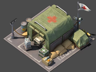 Cartoon Medical Tent Scene With Red Cross Symbol Sandbags And Equipment 3d model