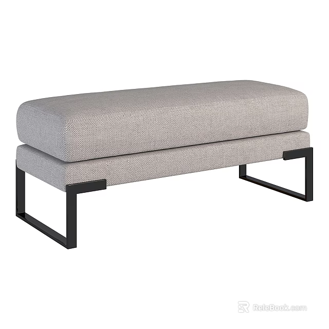 Modern Light Gray Upholstered Bench With Soft Fabric Cushion And Black Metal Legs 3d model 