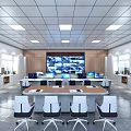 Modern Monitoring Room With Large Surveillance Screen Wall Multiple Computers Conference Table Chairs And Windows
