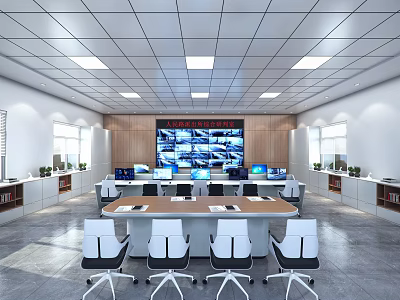 Modern Monitoring Room With Large Surveillance Screen Wall Multiple Computers Conference Table Chairs And Windows 3d model