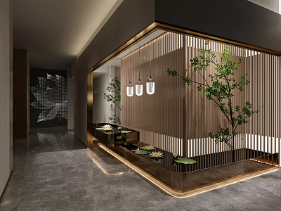 Modern Hotel Corridor With Wooden Screens Green Plants Pendant Lights And Marble Floor 3d model