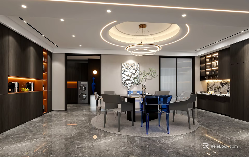 Modern Restaurant Interior Design With Round Dining Table Blue Chairs Chandelier And Wall Art 3d model 