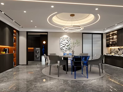 Modern Restaurant Interior Design With Round Dining Table Blue Chairs Chandelier And Wall Art 3d model