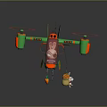 Green and Red Helicopter with Rotors Carrying Carrot Basket and Small Rabbit