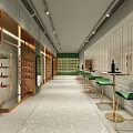 Modern Elegant Clothing Store With Green Curtains Gold Decor Display Shelves And Mirrors
