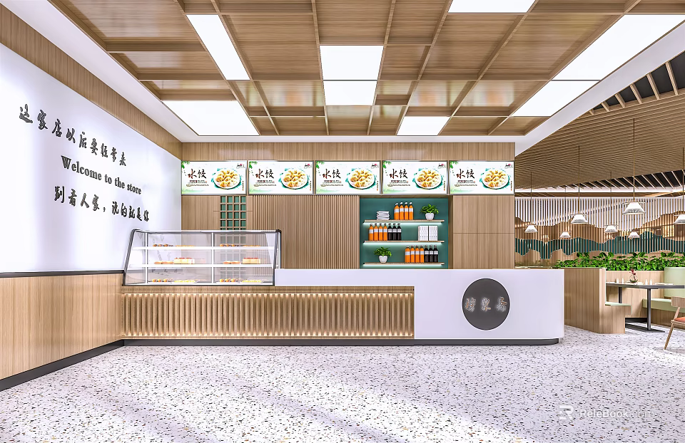 Modern Hong Kong Style Restaurant Interior With Display Counter Beverages Green Plants And Wooden Ceiling 3d model 