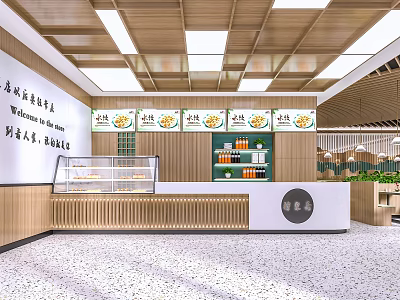 Modern Hong Kong Style Restaurant Interior With Display Counter Beverages Green Plants And Wooden Ceiling 3d model