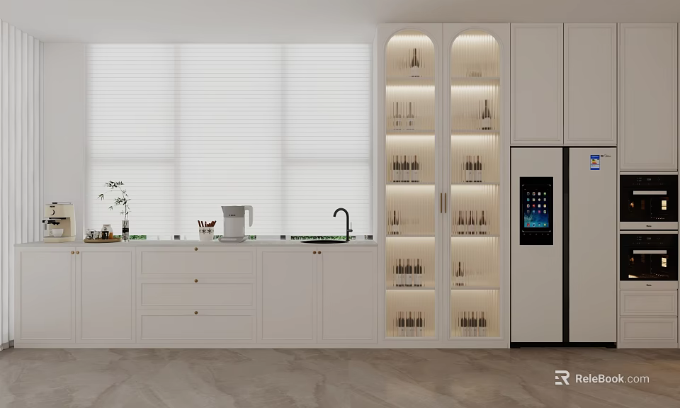 Modern White Kitchen Sideboard With Glass Doors And Wine Bottle Storage 3d model 