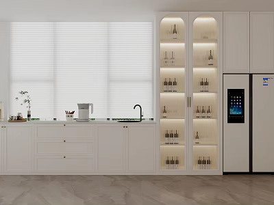 Modern White Kitchen Sideboard With Glass Doors And Wine Bottle Storage 3d model