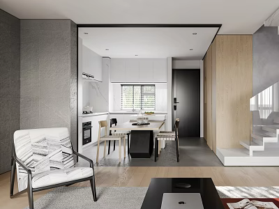 Modern Living Dining Room Interior With Wooden Table Chairs Sofa And Gray Walls 3d model