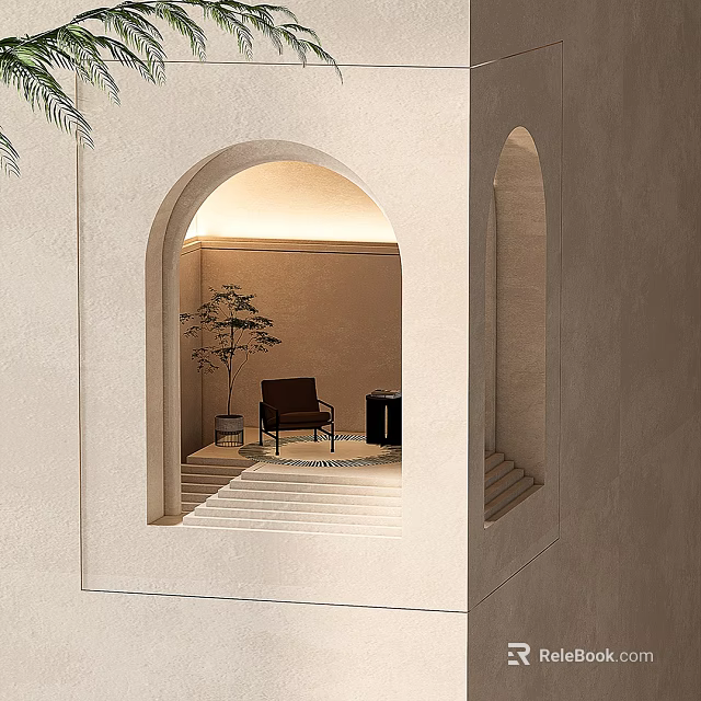 Modern Archway Interior With Steps Comfortable Chair Side Table And Green Plant 3d model 