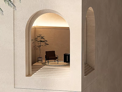 Modern Archway Interior With Steps Comfortable Chair Side Table And Green Plant 3d model
