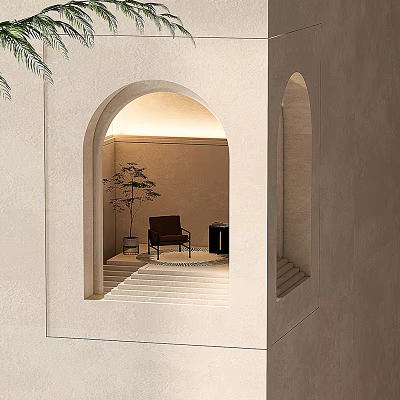 Modern Archway Interior With Steps Comfortable Chair Side Table And Green Plant 3d model