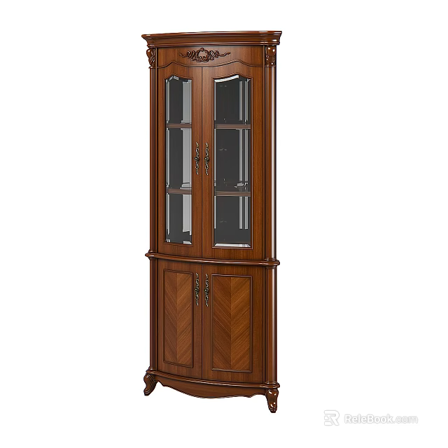 Classic Solid Wood Wardrobe With Glass Doors And Intricate Carved Design 3d model 