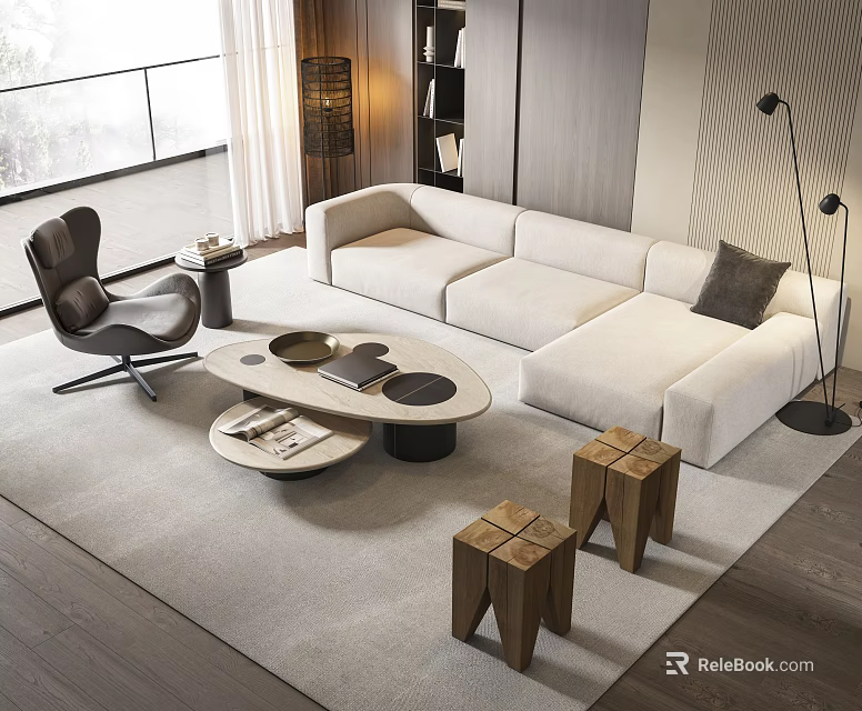 Modern White Sofa And Round Coffee Table Set With Wooden Stools And Floor Lamp 3d model 
