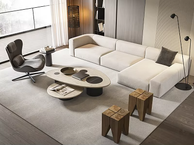 Modern White Sofa And Round Coffee Table Set With Wooden Stools And Floor Lamp 3d model