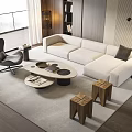 Modern White Sofa And Round Coffee Table Set With Wooden Stools And Floor Lamp