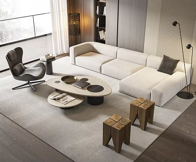 Modern White Sofa And Round Coffee Table Set With Wooden Stools And Floor Lamp 3d model