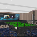Modern Billiard Room Interior Design With Blue Patterned Carpet Pool Tables And Ceiling Lights 3d model