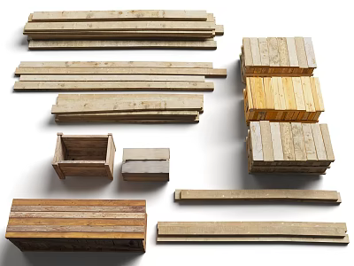 Various Wooden Planks Boards And Boxes With Stacked Arrangement And Natural Texture 3d model
