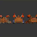 Colorful Orange Toy Cars With Striped Wheels And Decorative Top Parts