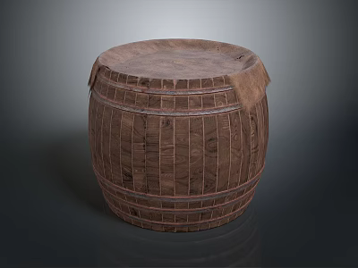 Traditional Round Wooden Barrel as Daily Life Product with Stripe Decoration and Natural Texture 3d model
