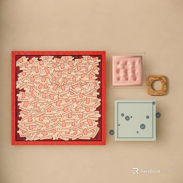 Various Decorative Items Including Red Border Square Pink Object Wooden Ring And Blue Box 3d model 