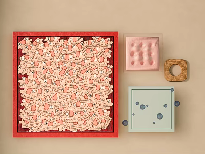 Various Decorative Items Including Red Border Square Pink Object Wooden Ring And Blue Box 3d model
