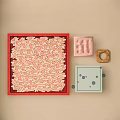 Various Decorative Items Including Red Border Square Pink Object Wooden Ring And Blue Box