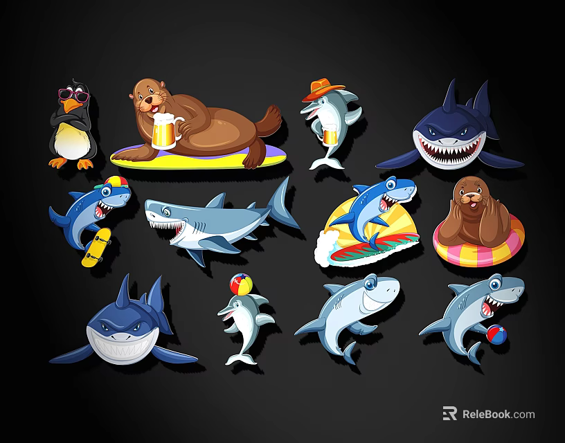 Cute Cartoon Marine Animal Wall Decor With Sea Lion Shark Penguin And Surfboard 3d model 