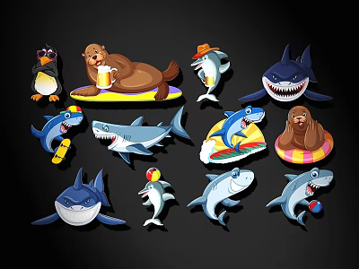 Cute Cartoon Marine Animal Wall Decor With Sea Lion Shark Penguin And Surfboard 3d model