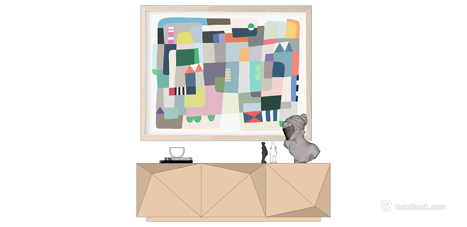 Colorful Abstract Painting Above Geometric Cabinet With Decorative Sculpture And Figurines 3d model 