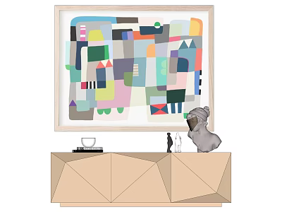 Colorful Abstract Painting Above Geometric Cabinet With Decorative Sculpture And Figurines 3d model