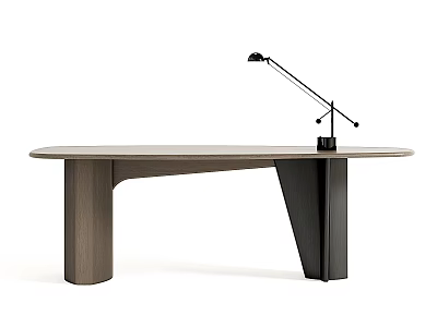 Modern Minimalist Desk Design With Wooden Surface And Adjustable Table Lamp 3d model