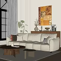 Modern Beige Velvet Sectional Sofa With Throw Pillows Wooden Coffee Table And Potted Plant