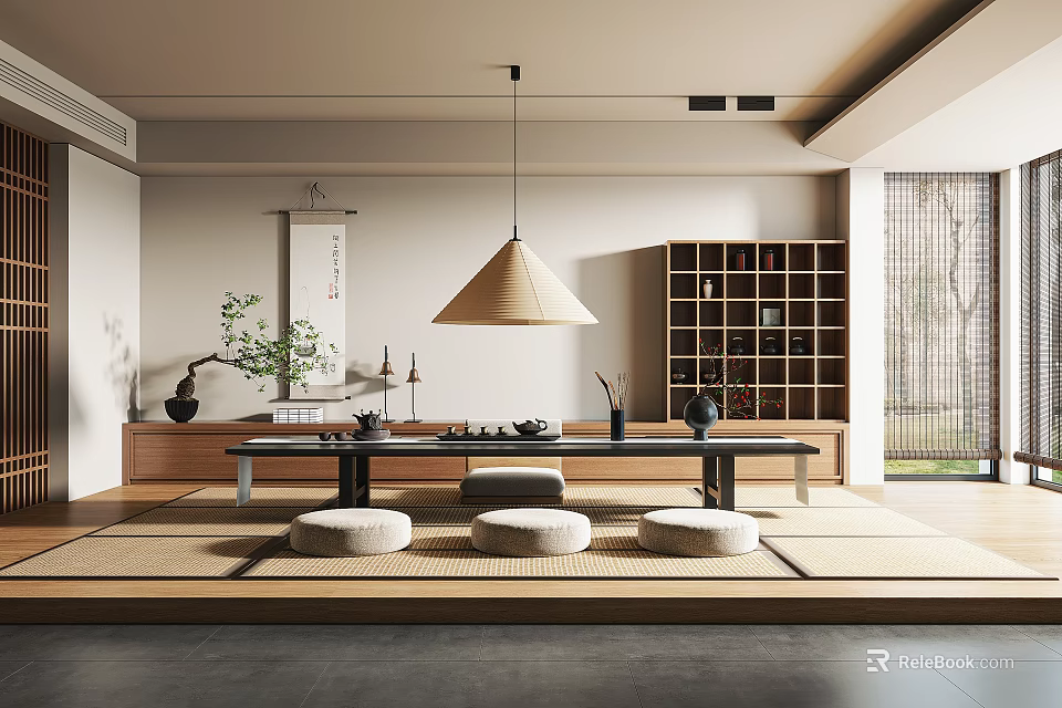 Traditional Japanese Tea Room With Tatami Floor Wooden Table Hanging Lamp And Bookshelf 3d model 
