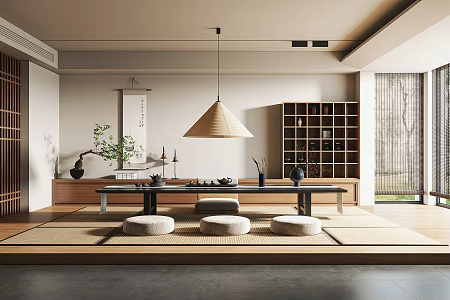 New Chinese Tatami Tea Room Tea Table and Chair Tea Set Hanging Painting Decoration Chandelier 3d model