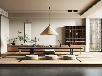 New Chinese Tatami Tea Room Tea Table and Chair Tea Set Hanging Painting Decoration Chandelier 3d model