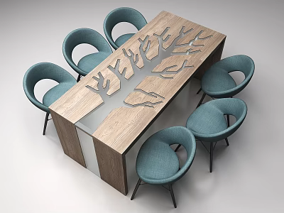 Wooden Dining Table with Tree Branch Cutout Design and Six Light Blue Curved Chairs 3d model